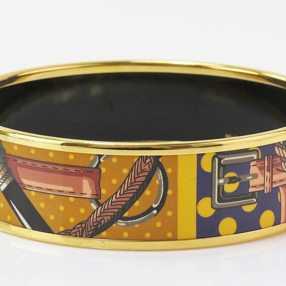 Auth HERMES Goldtone Belt Design Enamel Bangle Bracelet #53882